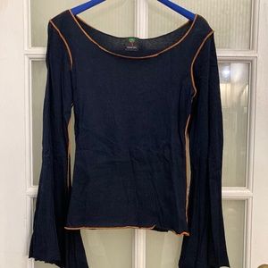 Y2K Boho Navy Blue Cotton Bell Sleeve Top